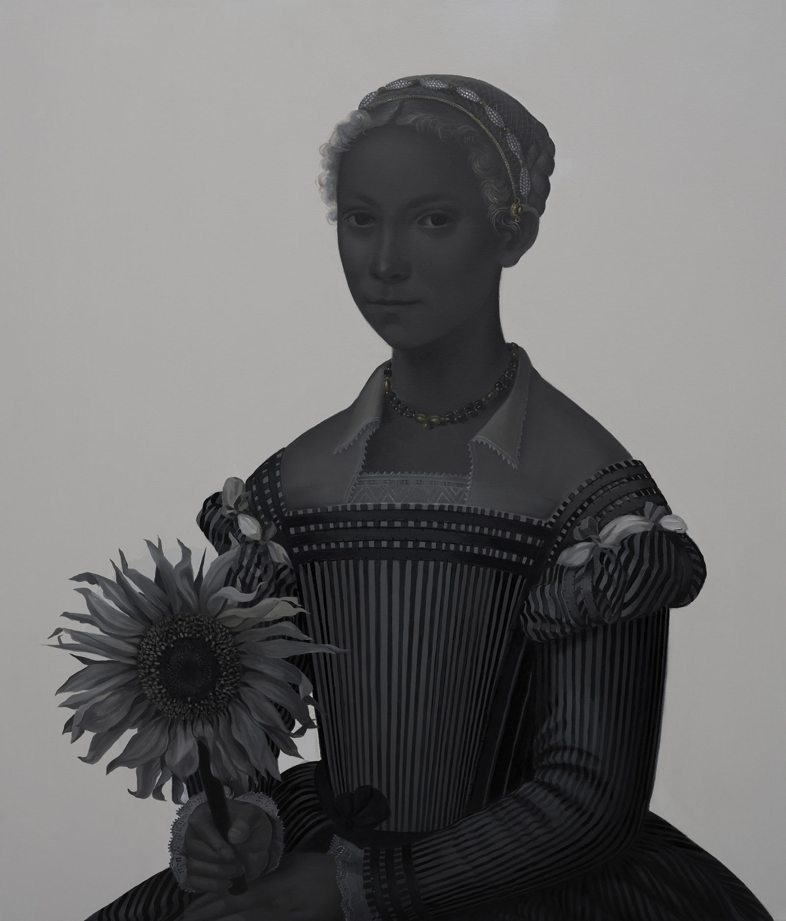 Mary A Waters | 105x90cm | Woman Silhouette with Striped Dress and Sunflower